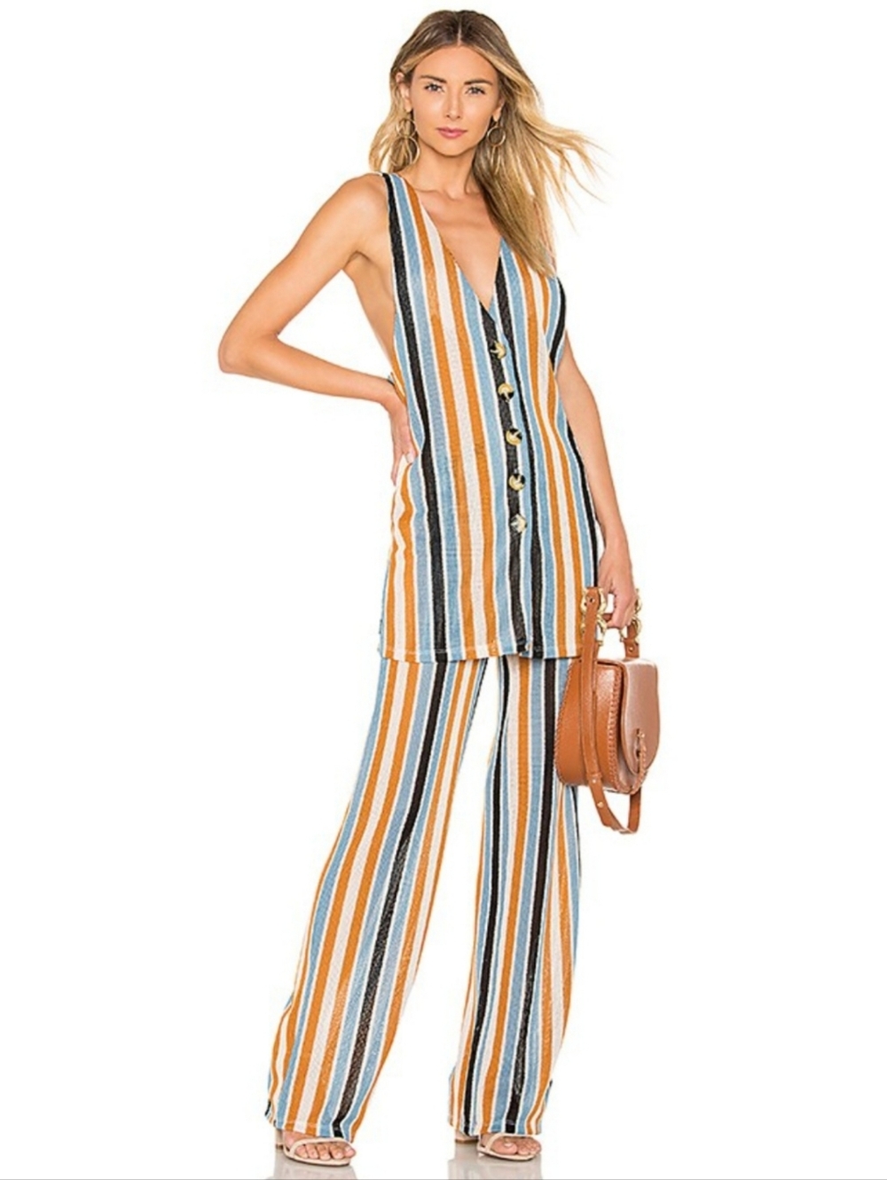 Free People Bridget Stripe‎ Set Mustard Knit Vest And Pants Women's Size Large